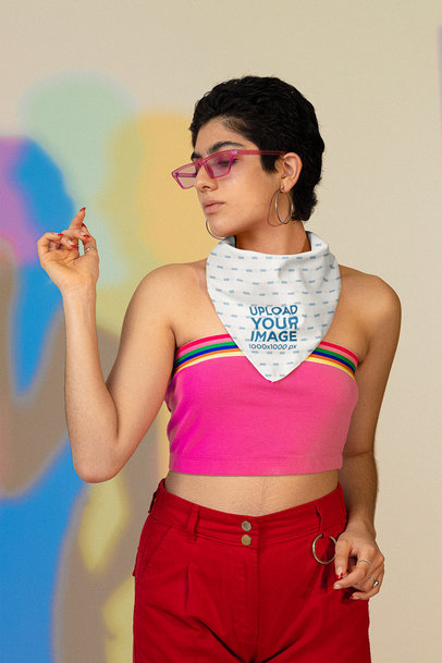 LGBT Pride-Themed Bandana Mockup Featuring a Woman in a Studio