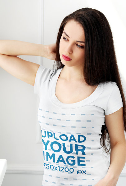Scoop Neck T-shirt Mockup of a Serious Woman Touching her Hair M24695-r-el2