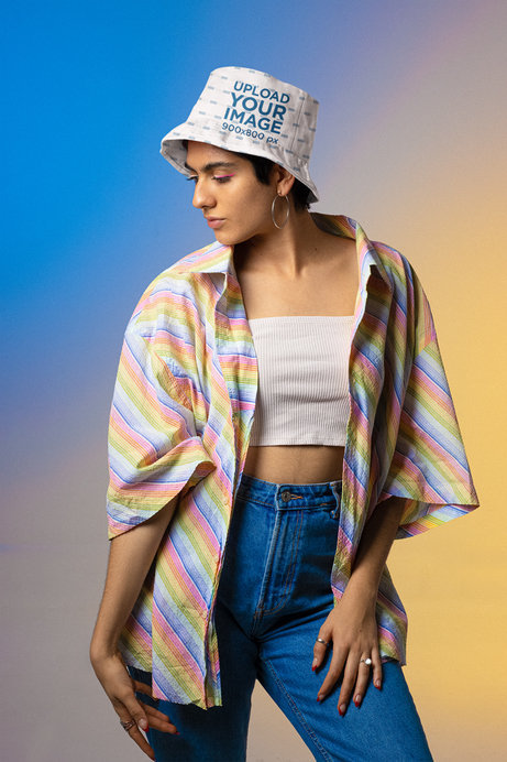 Bucket Hat Mockup Featuring a Woman with a Rainbow-Colored Shirt