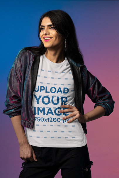 Bella Canvas Tee Mockup Featuring a Smiling Woman Posing Against a Colorful Backdrop