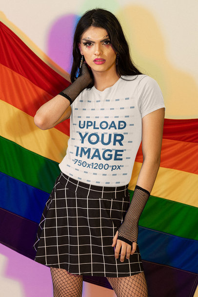 T-Shirt Mockup of a Woman with Graphic Makeup Featuring the Pride Flag m24048