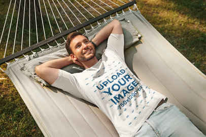 T-Shirt Mockup Featuring a Happy Man Resting on a Hammock m18502-r-el2