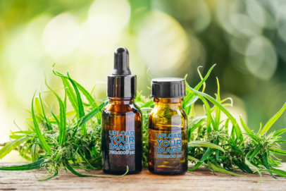 Cannabis-Themed Mockup of a Dropper and a Glass Bottle