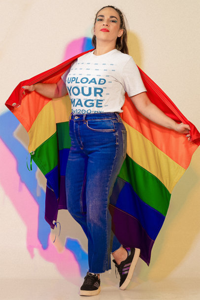 Bella Canvas T-Shirt Mockup of a Proud Woman with an LGBT Flag on Her Back m24040