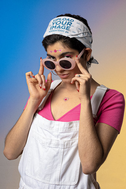 Mockup of a Bandana Featuring a Woman Posing with Cool Sunglasses