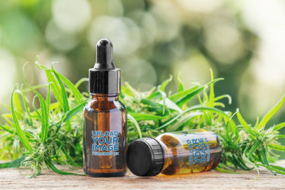 Mockup of a Dropper and a Glass Bottle with a Cannabis Theme