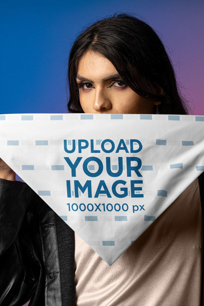 Bandana Mockup Featuring a Woman Hiding her Face and Posing Against a Colored Background