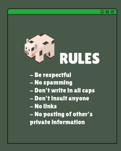 Minecraft-Inspired Twitch Info Panel Template Featuring a Cow Clipart and a List of Rules 4480l-4585