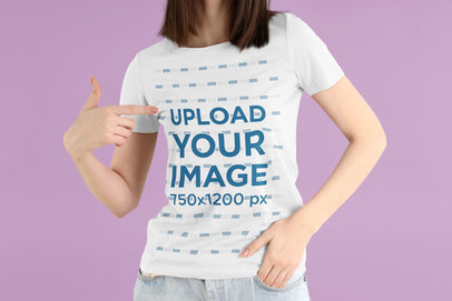 Mockup of a Cropped Face Woman Pointing at Her Round-Neck Tee
