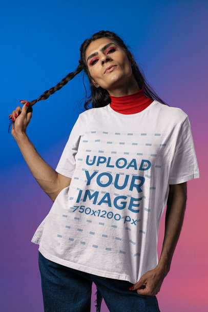 Bella Canvas T-Shirt Mockup of a Woman at a Studio Grabbing Her Braid