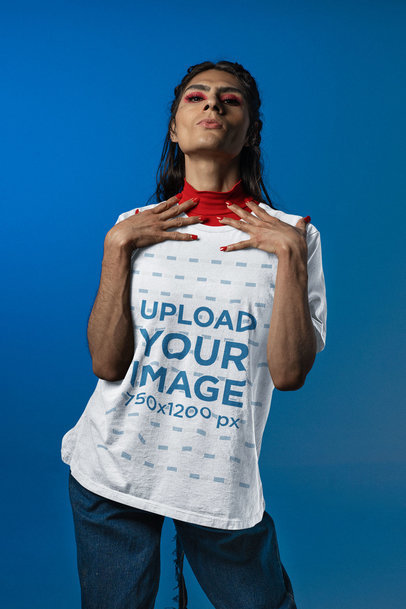 Bella Canvas Tee Mockup of a Woman with Painted Nails at a Studio