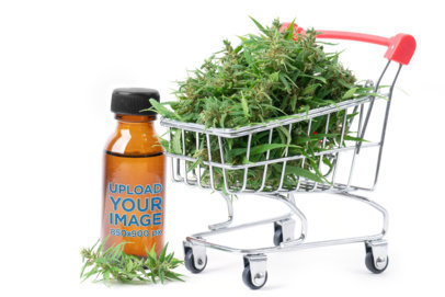 CBD Oil-Themed Mockup of a Glass Bottle with a Miniature Shopping Kart