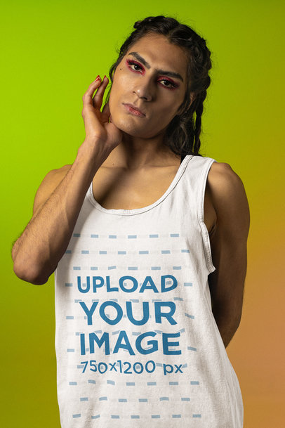 Tank Top Mockup of a Trans Woman with Long Hair Posing in a Studio m23989