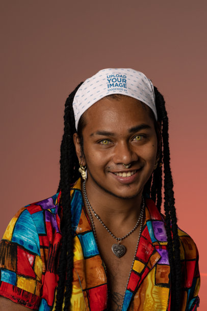 Bandana Mockup of a Happy Person with a Colorful Outfit Posing at a Studio