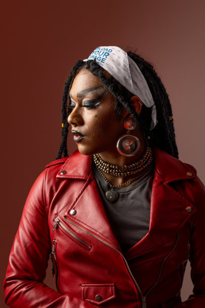 Mockup of a Bandana Featuring a Person with Graphic Makeup and a Red Leather Jacket