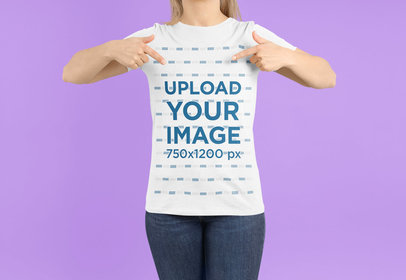 Mockup of a Cropped-Face Woman Pointing at a Round-Neck Tee