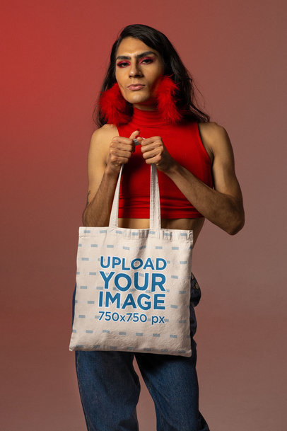 Mockup of a Trans Woman Holding a Tote Bag m24027