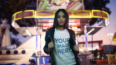 Woman Wearing a Tshirt Cinemagraph and a Leather Jacket Near a Hotdogs Car