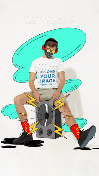 T-Shirt Video of a Young Man Sitting on a Cartoonish Speaker