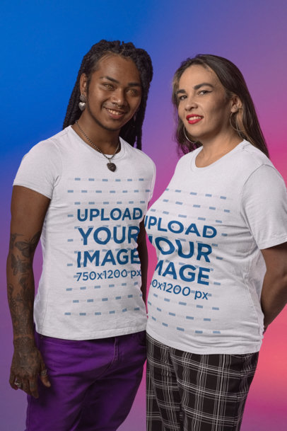 T-Shirt Mockup Featuring Two Friends Posing Against a Colorful Background