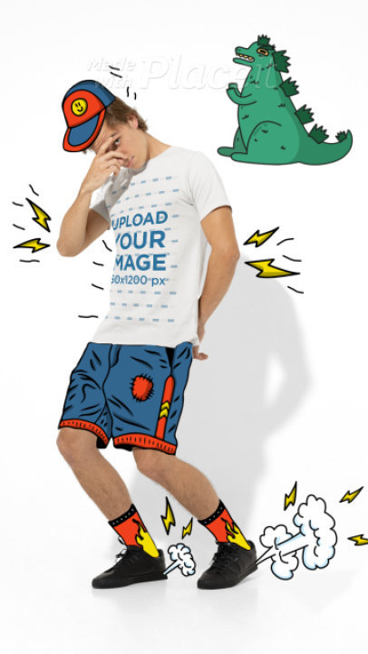 Video of a Young Man Waring a T-Shirt Featuring Cartoonish Motion Graphics