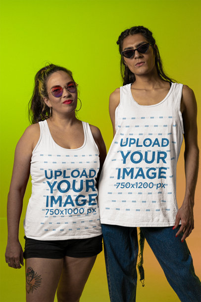 Tank Top Mockup Featuring Two Women Posing with Sunglasses Against a Colorful Background