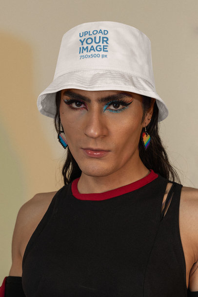 Bucket-Hat Mockup of a Woman Model Wearing a Bold Makeup Style