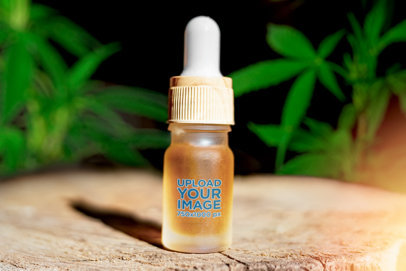 Mockup of a Dropper Bottle Placed Over a Cropped Tree Trunk with Cannabis Plants in the Back