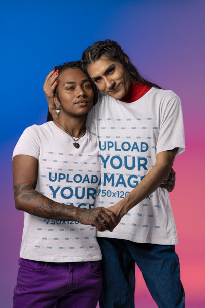 T-Shirt Mockup Featuring an LGBT Couple Hugging Against a Colorful Background