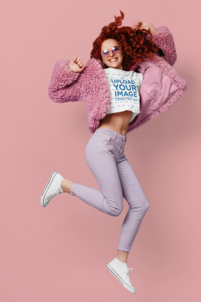Crop Top Mockup Featuring a Happy Readhead Woman Jumping m12924-r-el2