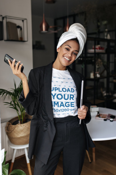 T-Shirt Mockup of a Businesswoman with a Towel Wrapped Around Her Hair m11825 r-el2