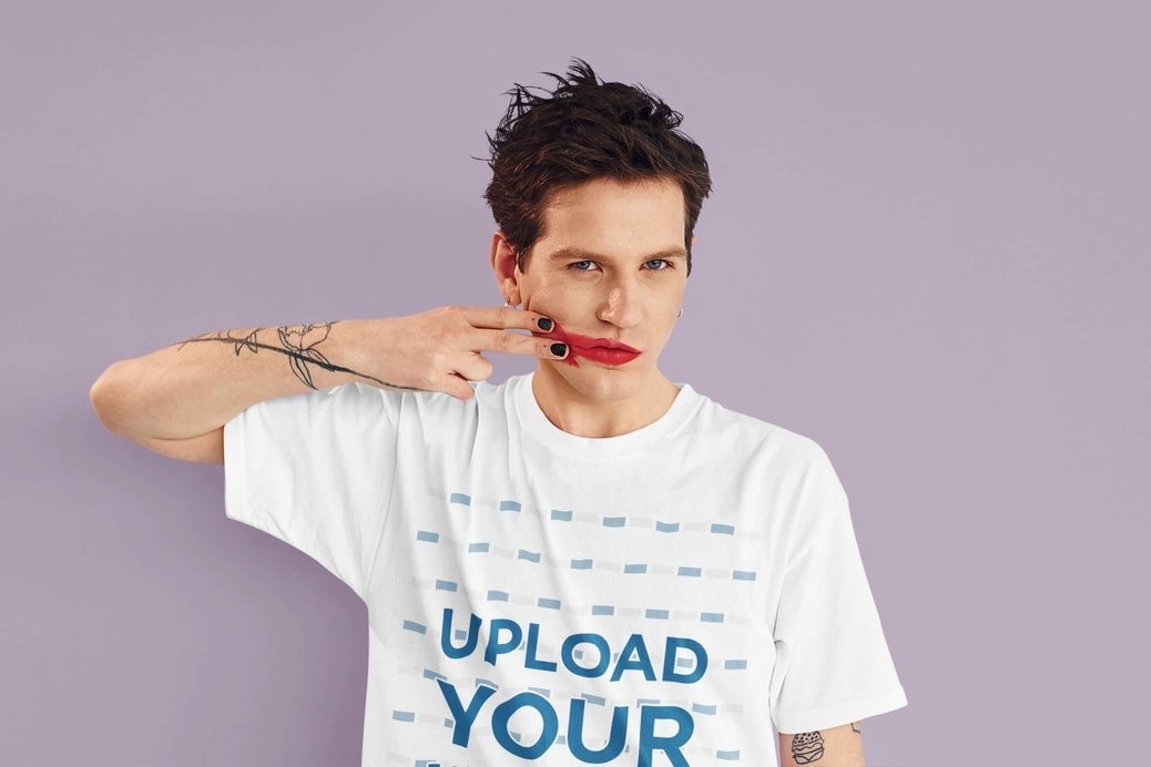 T-Shirt Mockup of a Man Messing Up His Red Lipstick