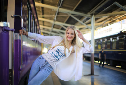 Tank Top Mockup Featuring a Happy Woman at a Train Station m12750-r-el2