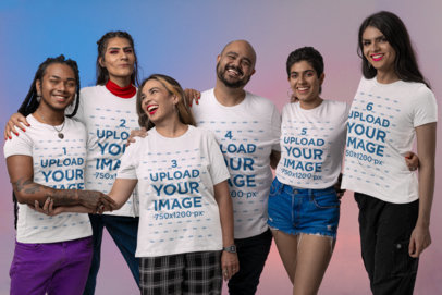 Bella Canvas T-Shirt Mockup Featuring a Group of Friends Hugging at a Studio