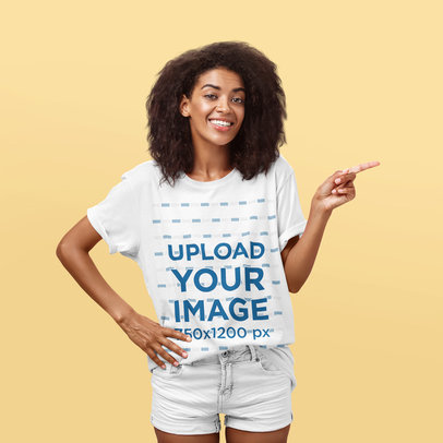 T-Shirt Mockup of a Curly-Haired Woman Pointing to Her Left