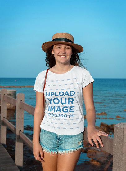 Round-Neck T-Shirt Featuring a Smiling Teenage Girl at the Beach