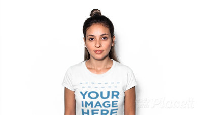 Hispanic Woman with a Hair Bun Wearing a Round Neck Tee Stop Motion Video Against a White Background
