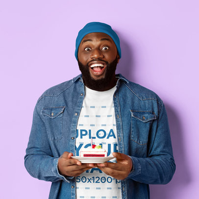 T-Shirt Mockup of a Happy Man Holding a Slice of Birthday Cake