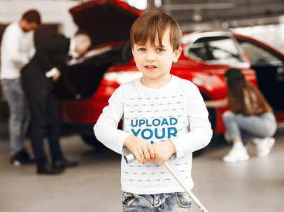 Long Sleeve Tee Mockup of a Little Boy Holding a Lug Wrench by a Car m25037 r-el2