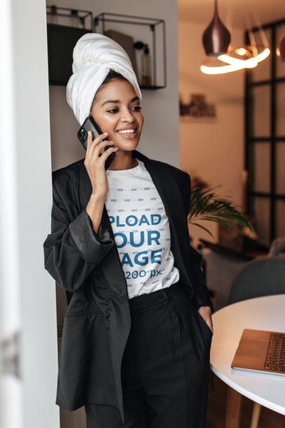 Tee Mockup of a Businesswoman Talking on the Phone with a Towel on Her Hair m11823 r-el2