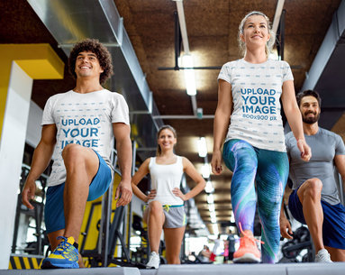 Heathered T-Shirt Mockup Featuring a Smiling Man and Woman Working Out