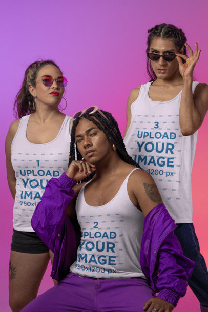 Tank Top T-Shirt Mockup of People Posing in a Cool Way Against a Colorful Background