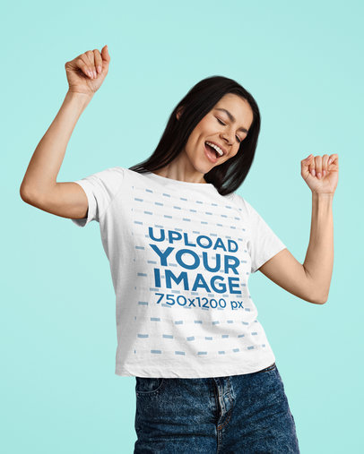 Crewneck Tee Mockup of a Happy Woman Celebrating at a Studio m24105 r-el2