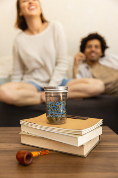 Mockup of a Mason Jar with Cannabis on a Living Room Table