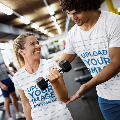 Heathered and Sublimated T-Shirt Mockup Featuring a Woman Looking at Her Trainer