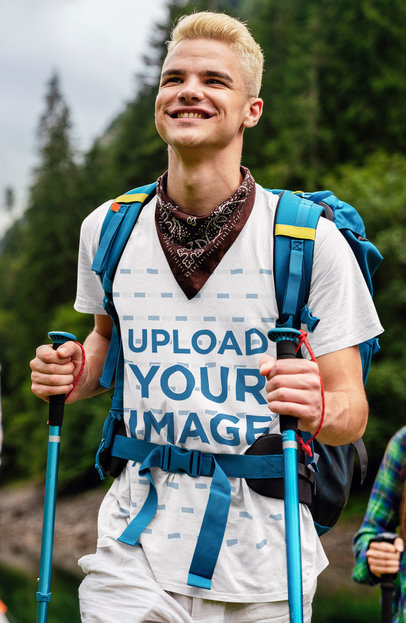 Mockup of a Happy Man Wearing a T-Shirt While Hiking