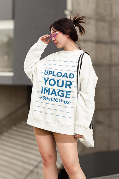 Oversize Sweatshirt Mockup of a Woman Wearing Trendy Sunglasses