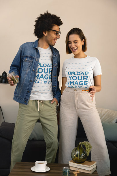 Cannabis-Themed Mockup Featuring Two Friends Having Fun at Home m2545