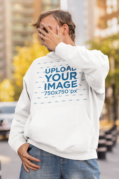 Oversize Sweatshirt Mockup of a Man Covering His Face with His Hand