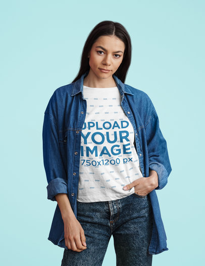 T-Shirt Mockup Featuring a Confident Woman Posing in a Studio m24108-r-el2